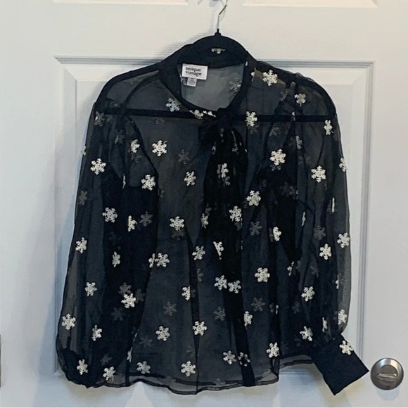 Unique Vintage 1940s Black & Snowflake Retro Mesh Blouse Med #0128 - Picture 5 of 6